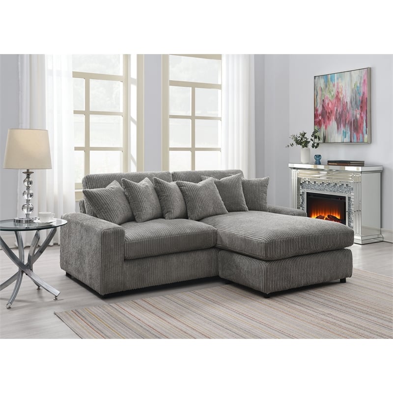 ACME Furniture Tavia Corduroy Fabric L-Shaped Sectional with 6 Pillows in Gray