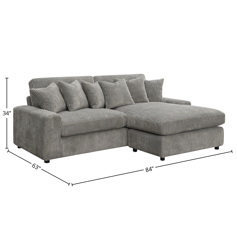 ACME Furniture Tavia Corduroy Fabric L-Shaped Sectional with 6 Pillows in Gray