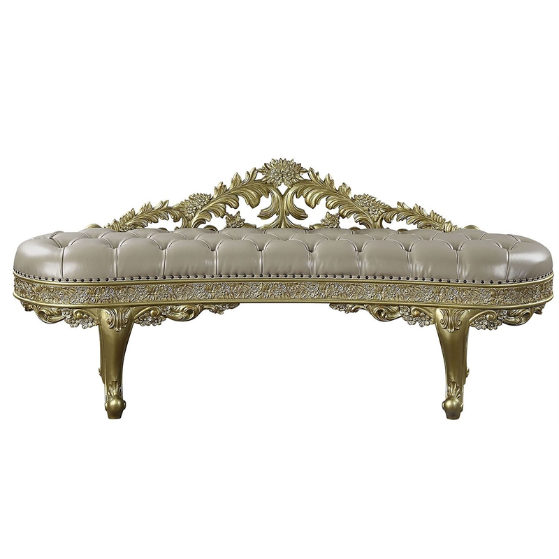 ACME Cabriole Wooden Upholstered Tufted Bench in Light Gold and Gold