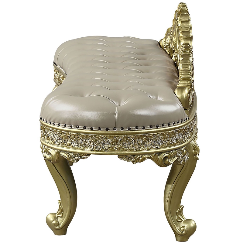 ACME Cabriole Wooden Upholstered Tufted Bench in Light Gold and Gold