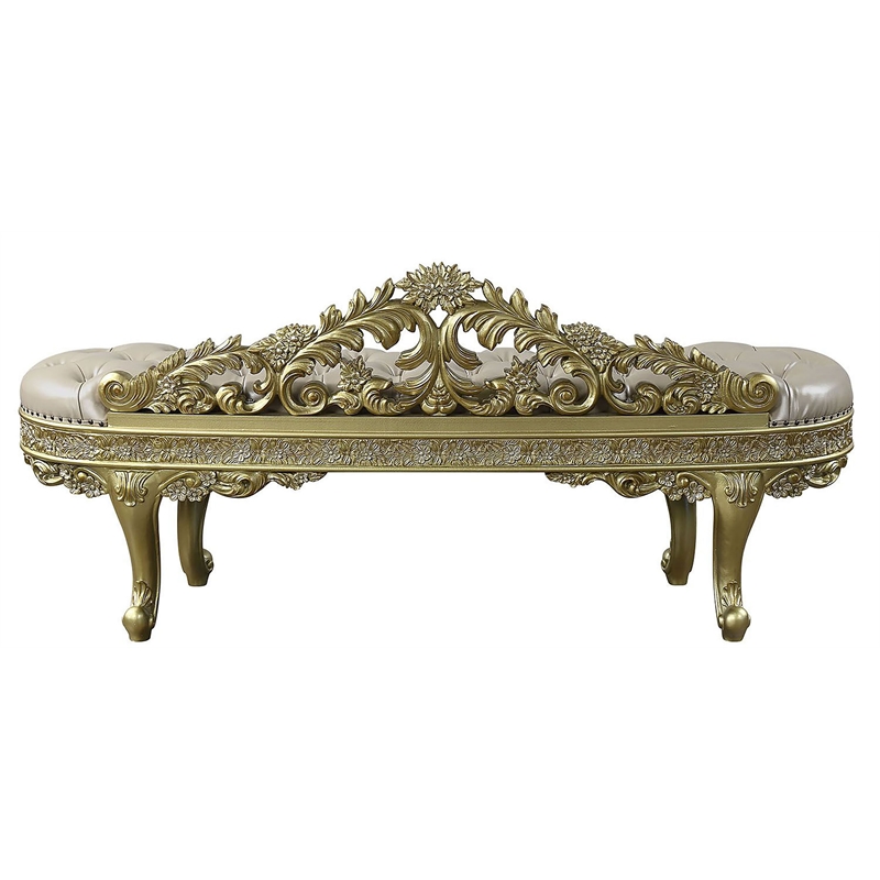ACME Cabriole Wooden Upholstered Tufted Bench in Light Gold and Gold