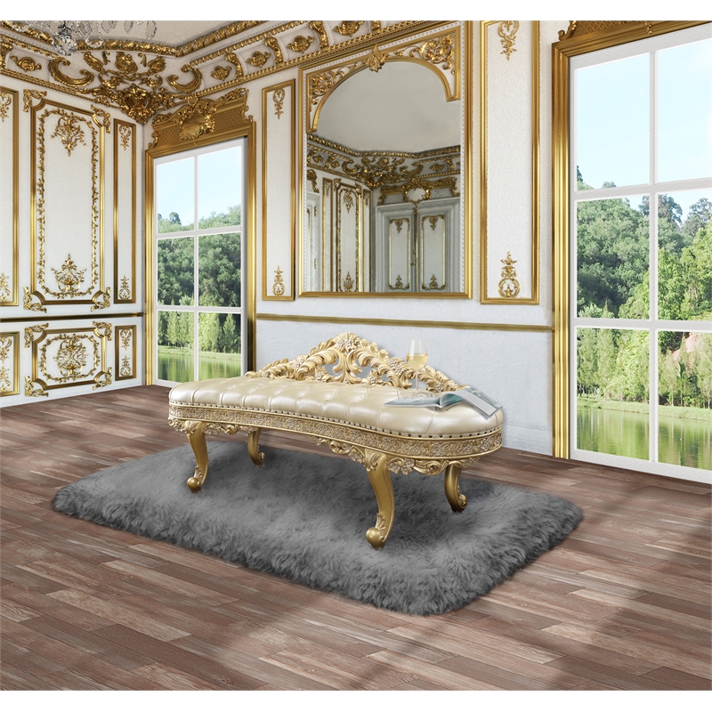ACME Cabriole Wooden Upholstered Tufted Bench in Light Gold and Gold