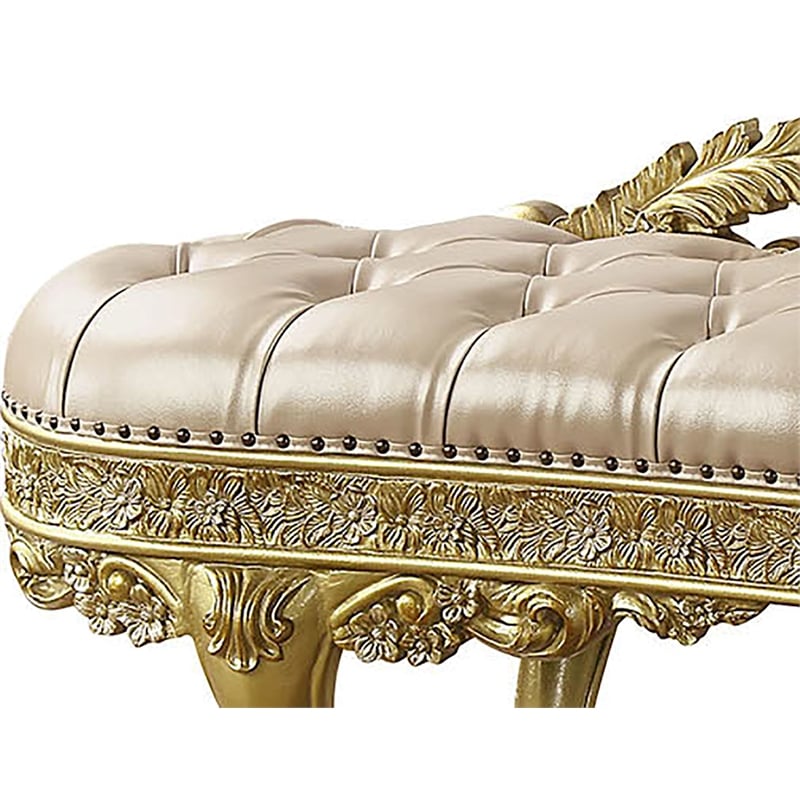 ACME Cabriole Wooden Upholstered Tufted Bench in Light Gold and Gold