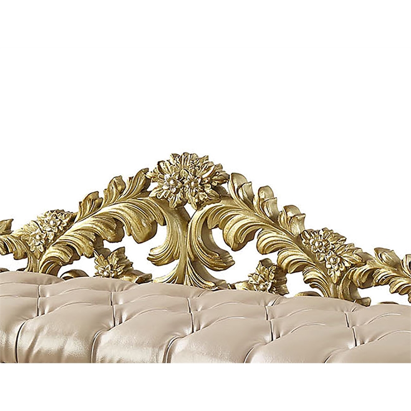 ACME Cabriole Wooden Upholstered Tufted Bench in Light Gold and Gold