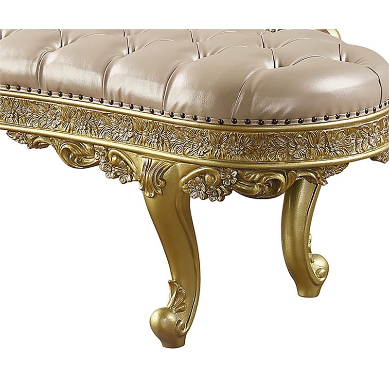 ACME Cabriole Wooden Upholstered Tufted Bench in Light Gold and Gold