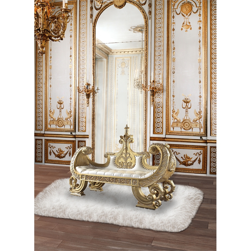 ACME Bernadet Wooden Upholstered Tufted Bench in Gold