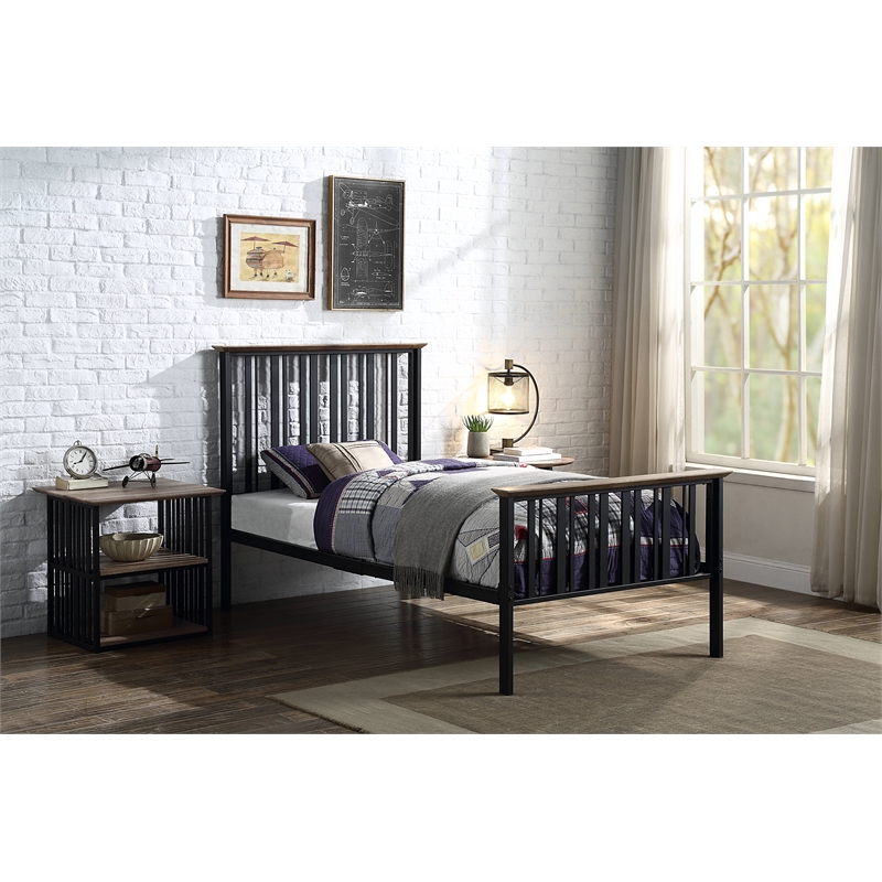 ACME Zudora Wooden Nightstand with Shelves in Antique Oak and Black