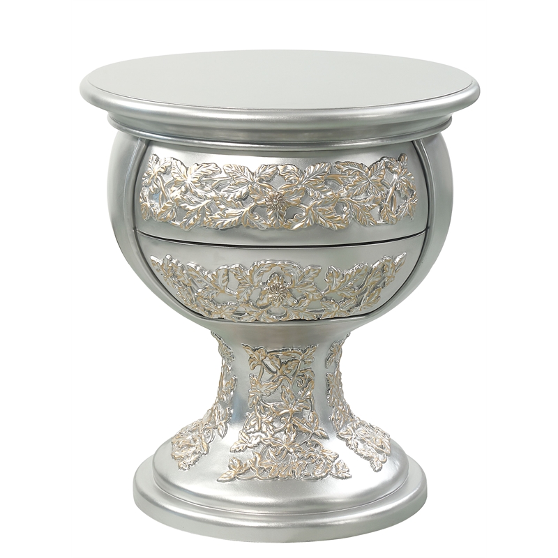 ACME Sandoval Wooden Storage Nightstand with Floral Ornament in Champagne