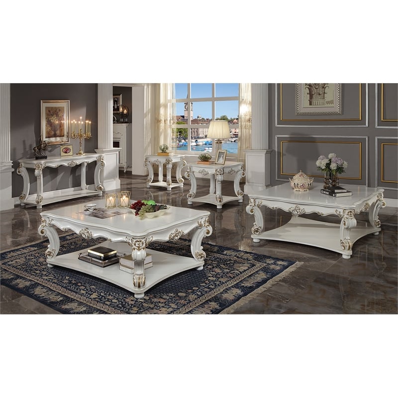 ACME Vendome Wooden Sofa Table with Scrolled Legs in Antique Pearl