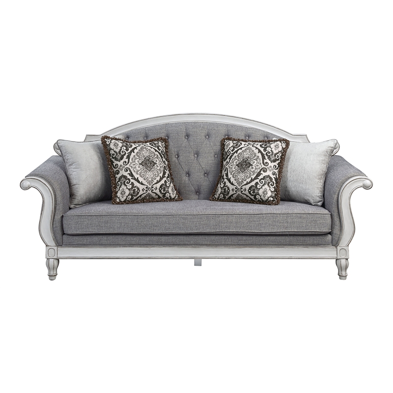 ACME Furniture Florian Tufted Fabric Sofa with 4 Pillows in Gray/Antique White