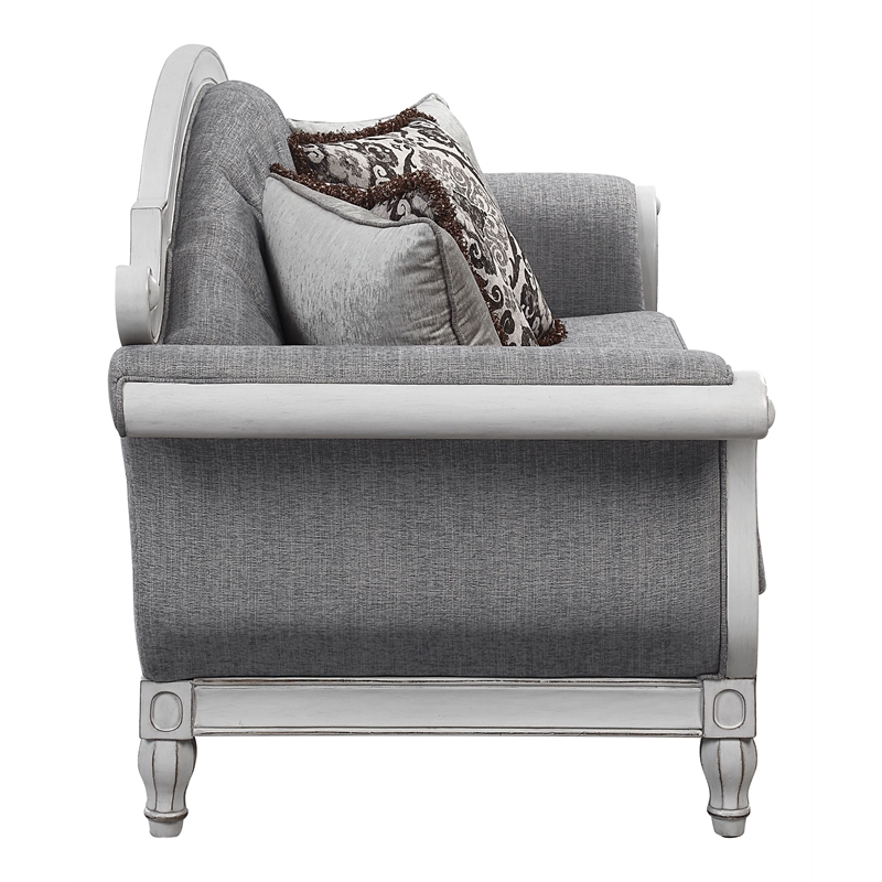 ACME Furniture Florian Tufted Fabric Sofa with 4 Pillows in Gray/Antique White