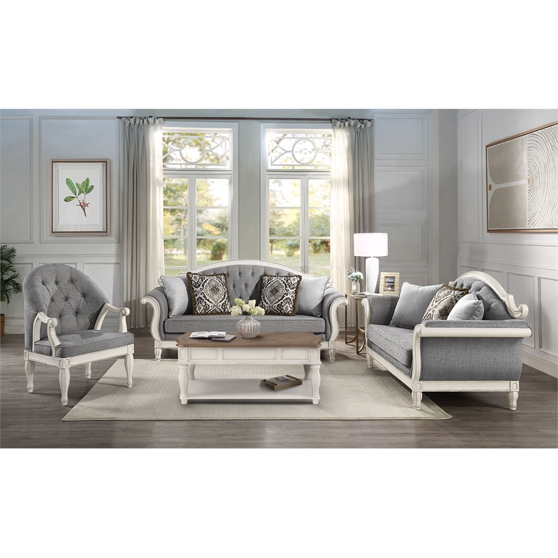 ACME Furniture Florian Tufted Fabric Sofa with 4 Pillows in Gray/Antique White