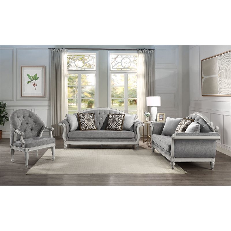 ACME Furniture Florian Tufted Fabric Sofa with 4 Pillows in Gray/Antique White