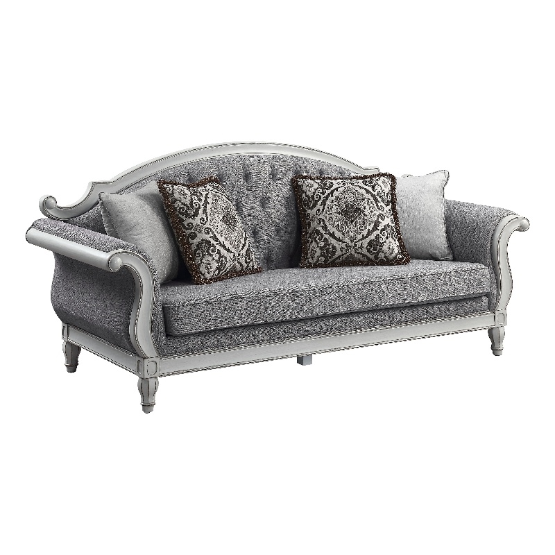 ACME Furniture Florian Tufted Fabric Sofa with 4 Pillows in Gray/Antique White