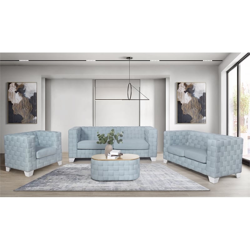 ACME Saree Chenille Upholstered Sofa in Light Teal and White