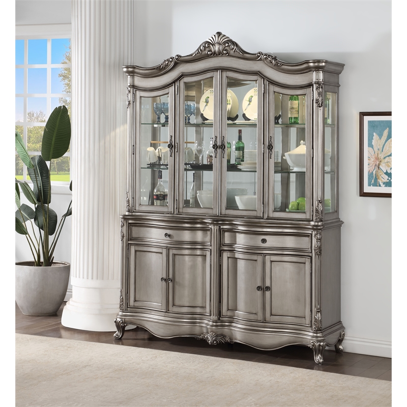 ACME Ariadne Transitional Wood Hutch & Buffet in Antique Platinum Silver