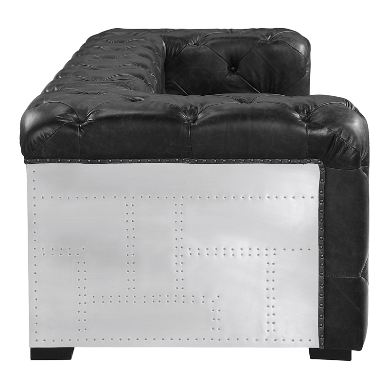 ACME Brancaster Transitional Top Grain Leather Upholstered Tufted Sofa in Black