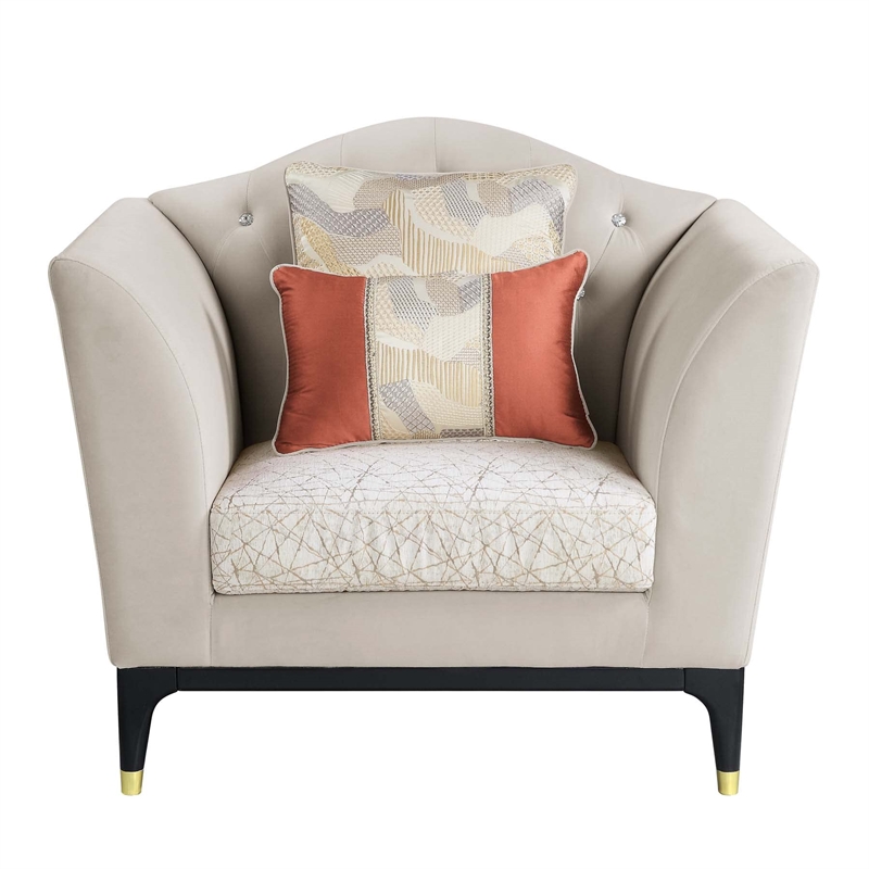 ACME Tayden Velvet Upholstered Tufted Chair with 3 Pillows in Beige/Black