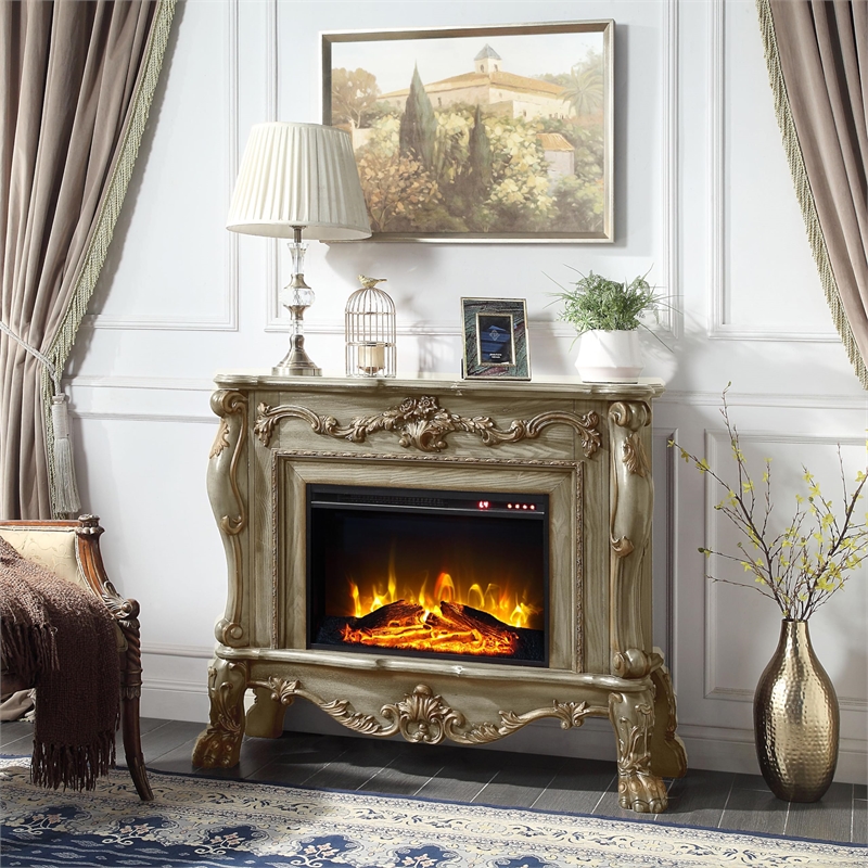 ACME Dresden Transitional Wooden/Glass Fireplace in Gold Patina