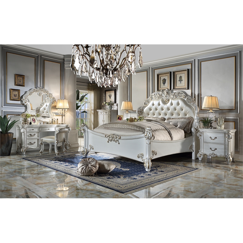 ACME Vendome Leather Upholstered Tufted Queen Bed in Antique Pearl