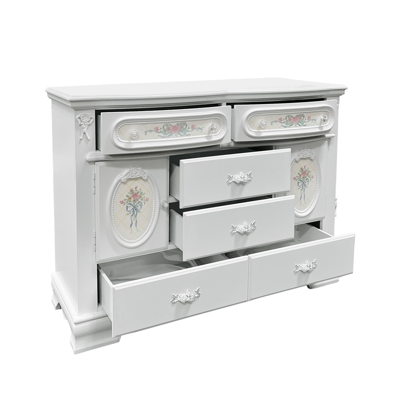ACME Flora Wood Dresser with 6 Drawers and 2 Side Compartments in White