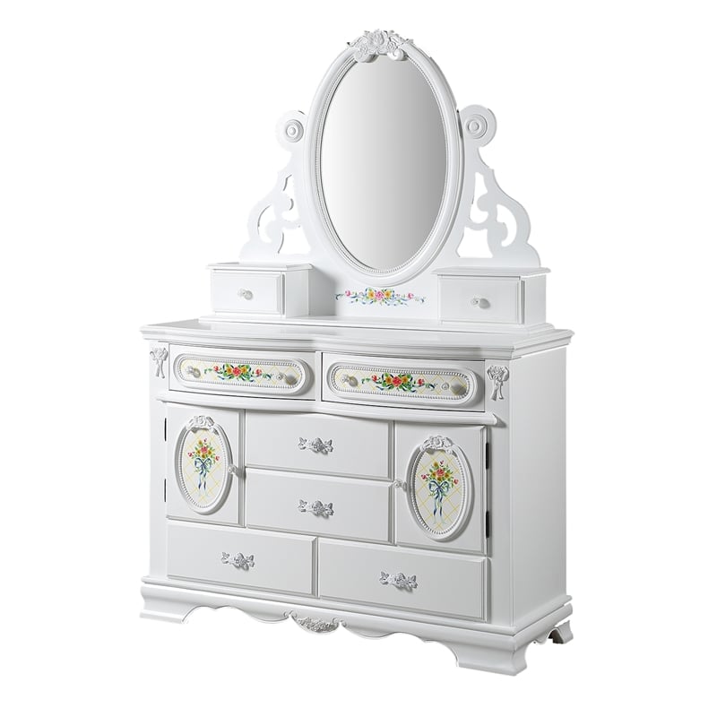 ACME Flora Wood Dresser with 6 Drawers and 2 Side Compartments in White