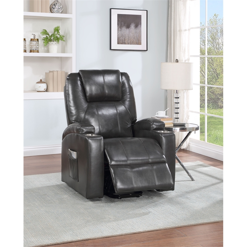 ACME Evander Transitional Leather Upholstered Power Lift Recliner in Gunmetal
