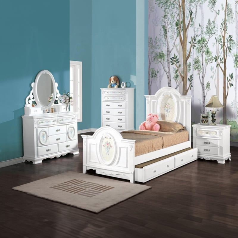 ACME Flora Contemporary Wooden Full Bed with 2 Drawers in White
