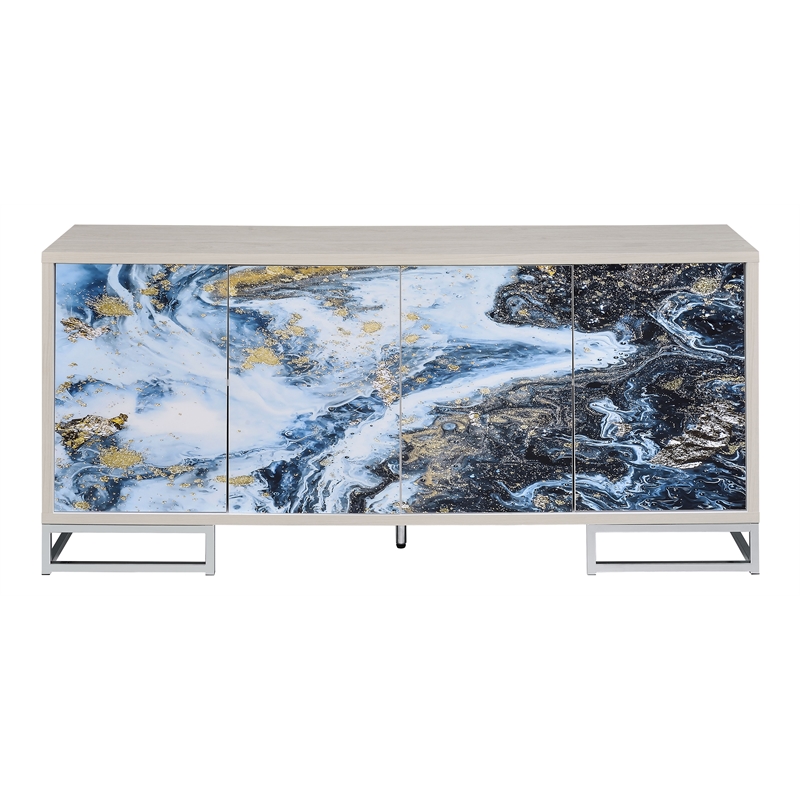 ACME Liam Wood/Metal Console Cabinet in Blue Marble Paint/White & Chrome