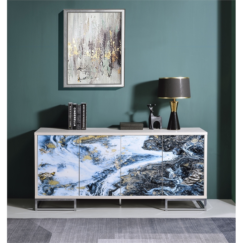 ACME Liam Wood/Metal Console Cabinet in Blue Marble Paint/White & Chrome
