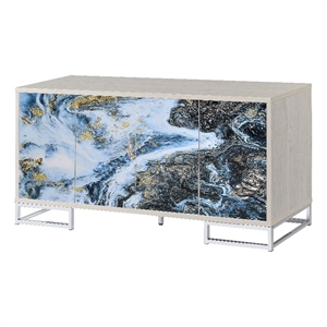 ACME Liam Wood/Metal Console Cabinet in Blue Marble Paint/White & Chrome