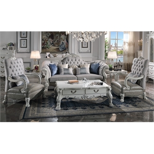 ACME Dresden Leather Upholstered Sofa with 7 Pillows in Bone White