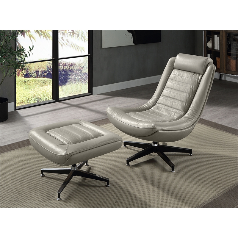 ACME Piran Top Grain Leather Ottoman with X-Cross Legs in Twilight Gray