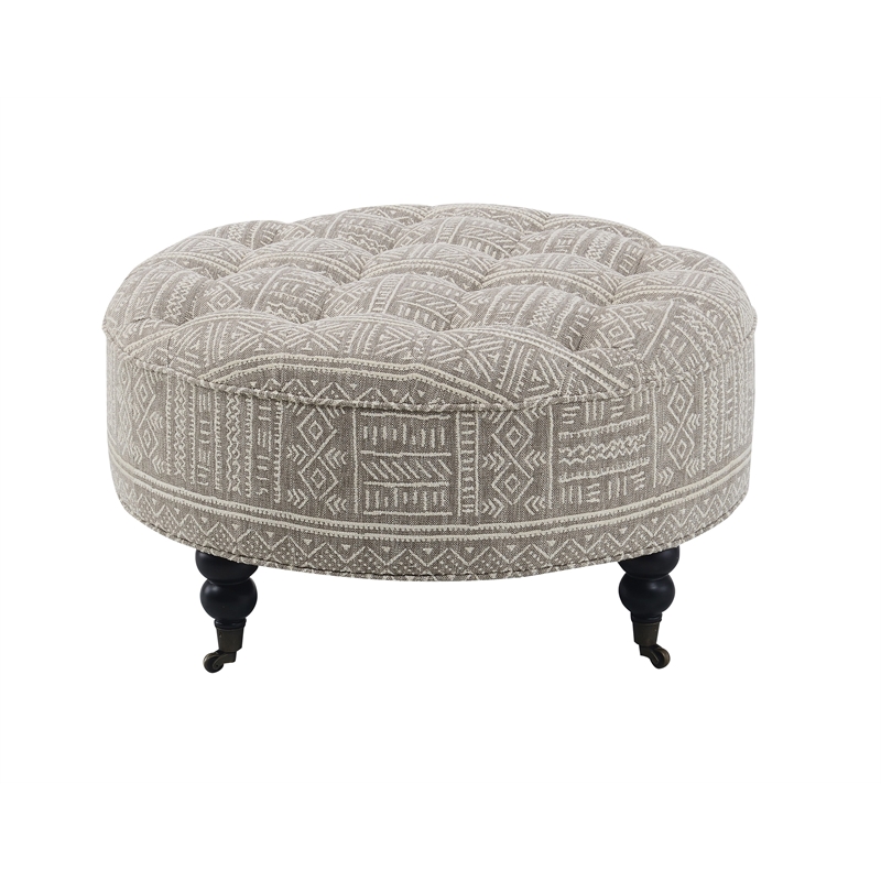 ACME Upendo Fabric and Wood Upholstered Ottoman with Casters in Pattern Gray