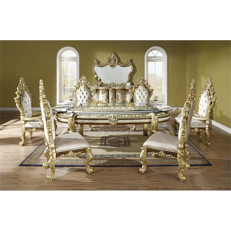 ACME Desiderius Faux Leather Side Chair in Beige and Antique Gold (Set of 2)