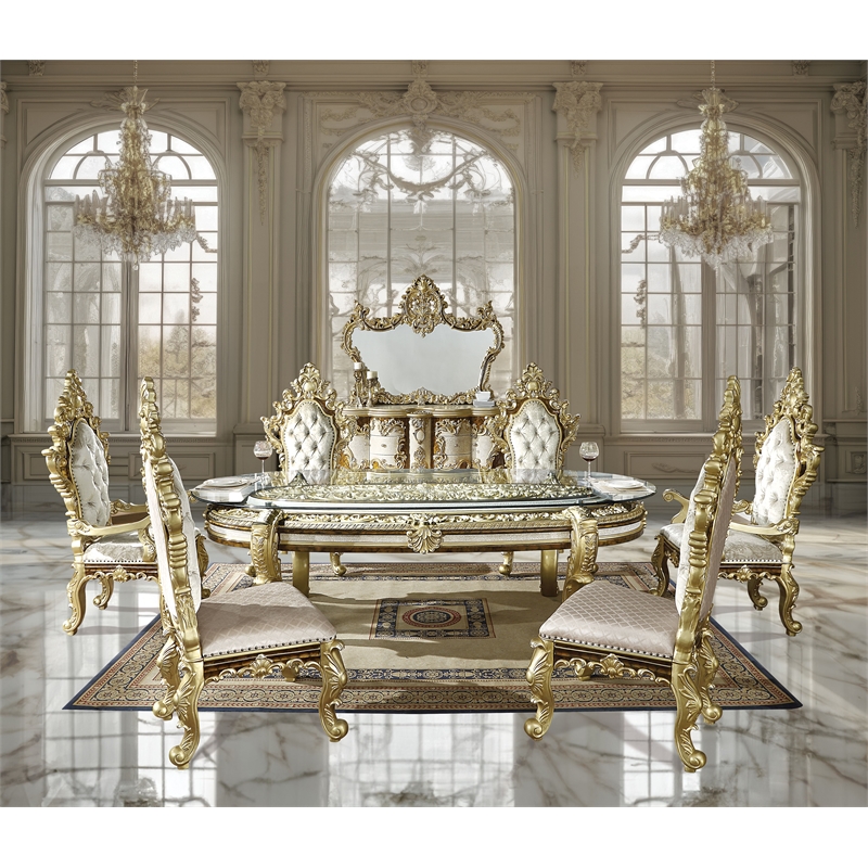 ACME Desiderius Faux Leather Side Chair in Beige and Antique Gold (Set of 2)