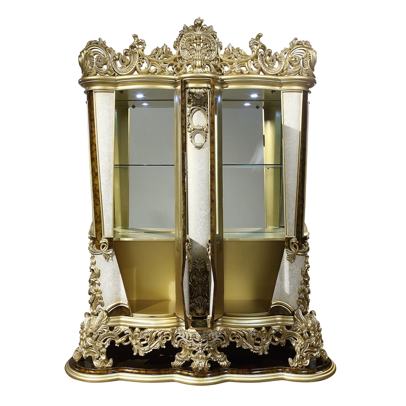ACME Desiderius Wood 2-Doors Curio in Antique Gold and Hand Paint Brown