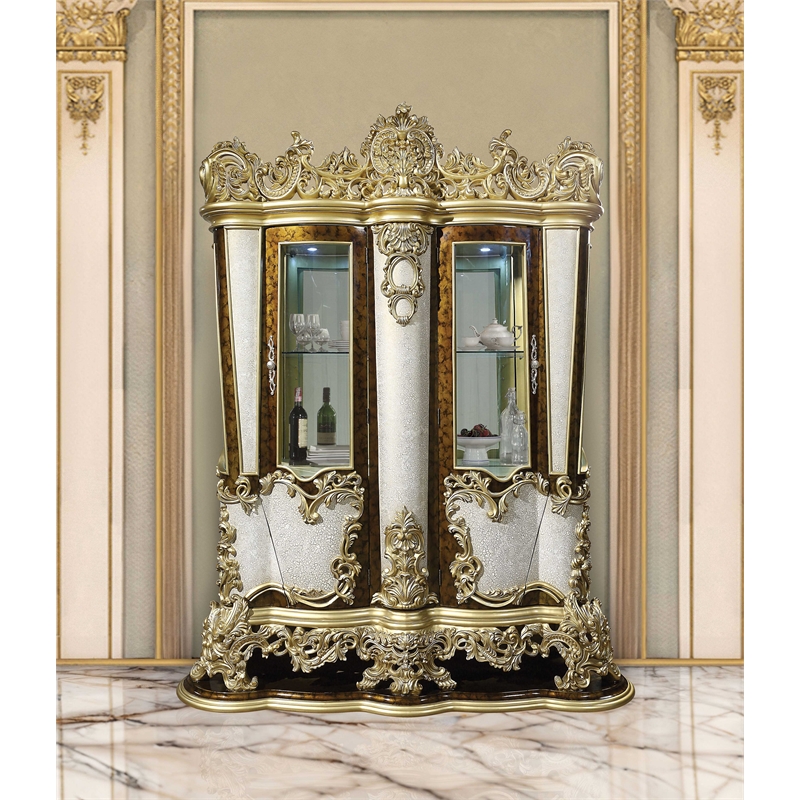 ACME Desiderius Wood 2-Doors Curio in Antique Gold and Hand Paint Brown