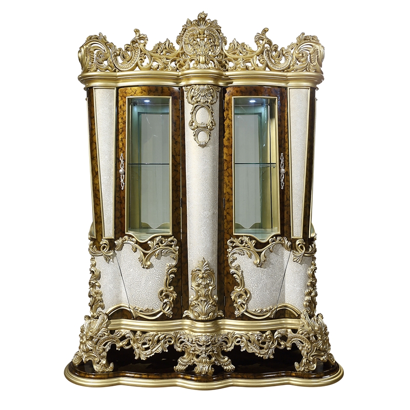 ACME Desiderius Wood 2-Doors Curio in Antique Gold and Hand Paint Brown