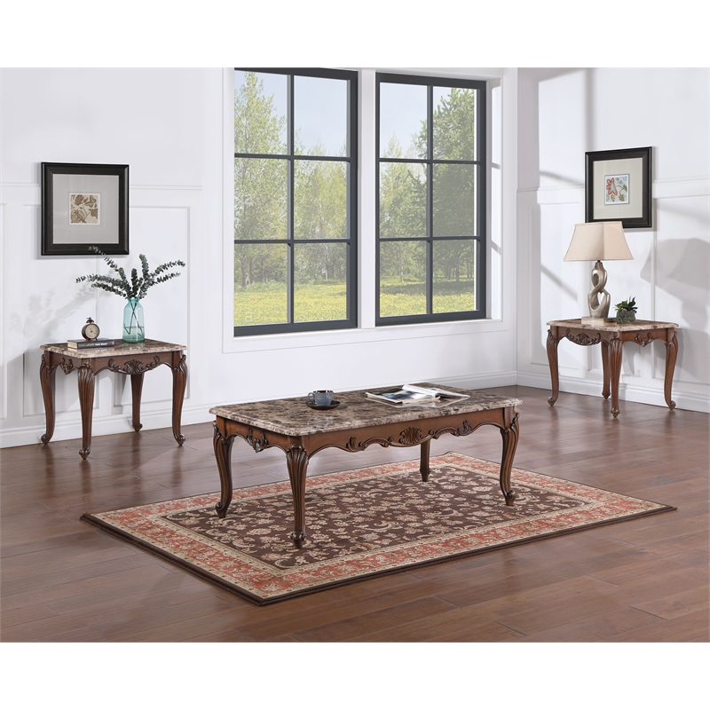 ACME Nayla Marble Rectangular End Table with Floral Legs in Cherry