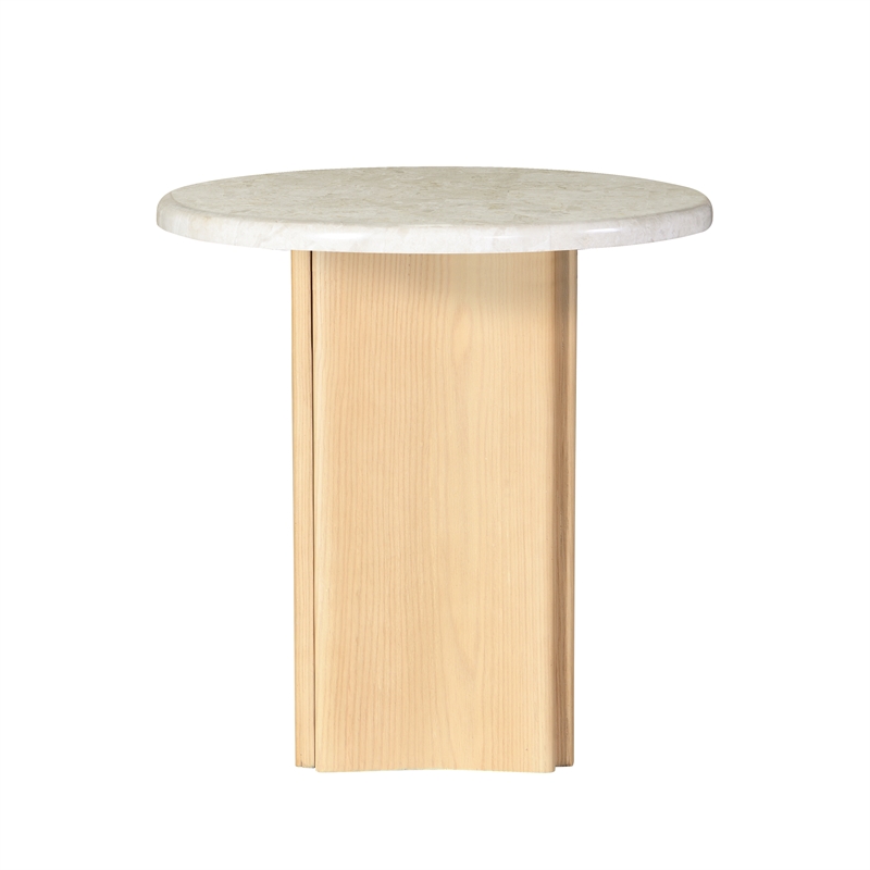 ACME Qwin Marble and Wood Round End Table with Geometric Pedestal in Natural Oak