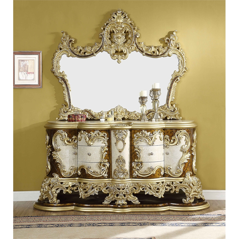 ACME Desiderius Wood 6-Drawers Dresser in Antique Gold and Hand Paint Brown