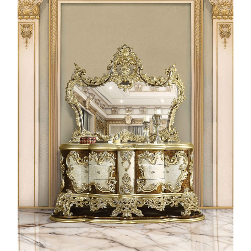 ACME Desiderius Wood 6-Drawers Dresser in Antique Gold and Hand Paint Brown