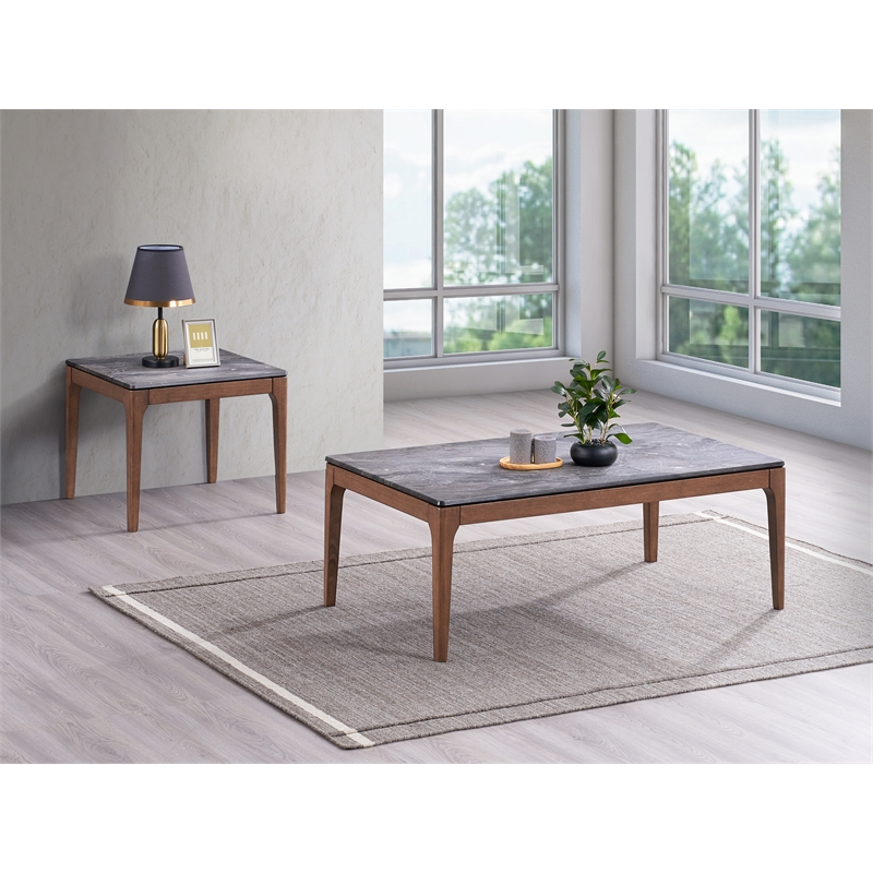ACME Bevis Scandinavian Wood Coffee Table in Engineered Stone and Walnut