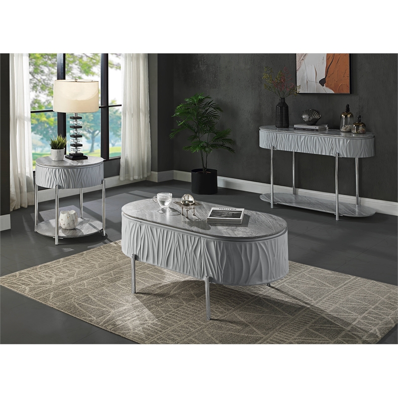 ACME Yukino Contemporary Wood/Metal End Table in Gray High Gloss and Chrome