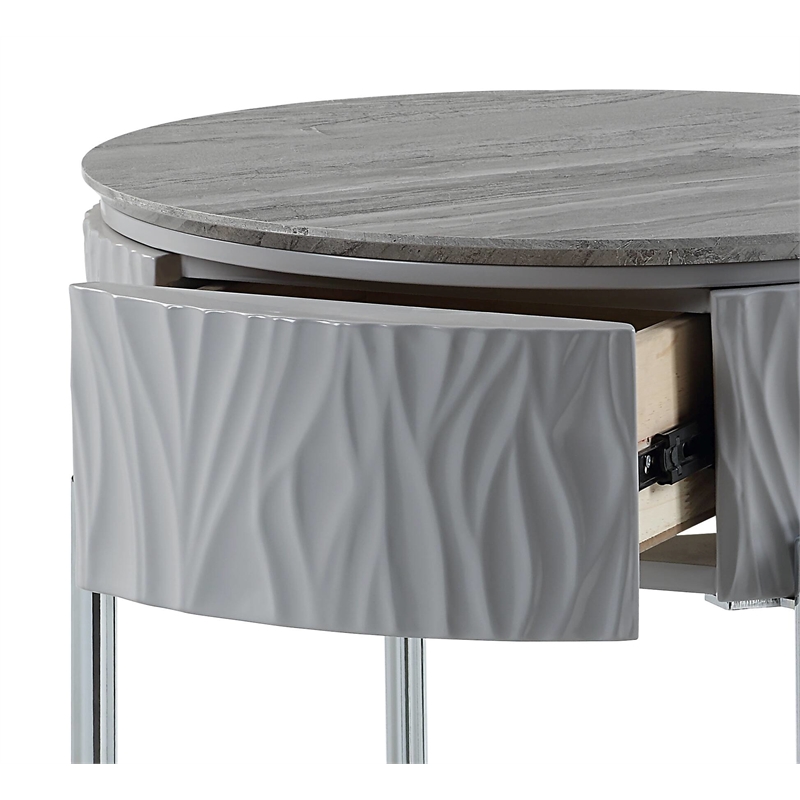 ACME Yukino Contemporary Wood/Metal End Table in Gray High Gloss and Chrome