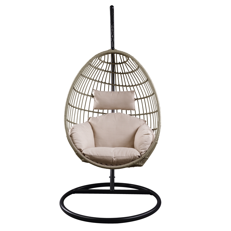 ACME Vasant Outdoor Patio Hanging Chair with Stand in Beige Fabric & Wicker