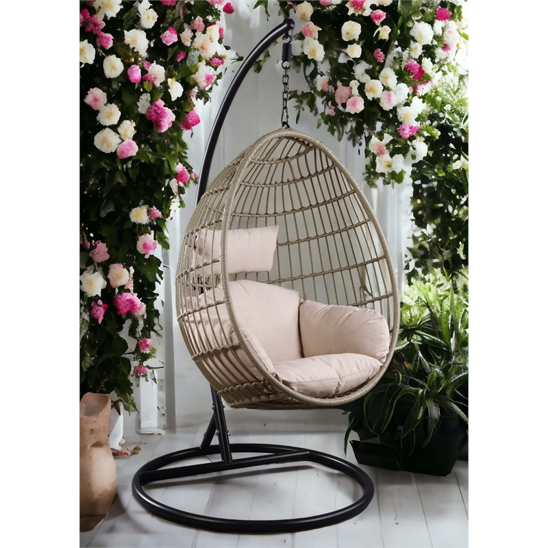 ACME Vasant Outdoor Patio Hanging Chair with Stand in Beige Fabric & Wicker