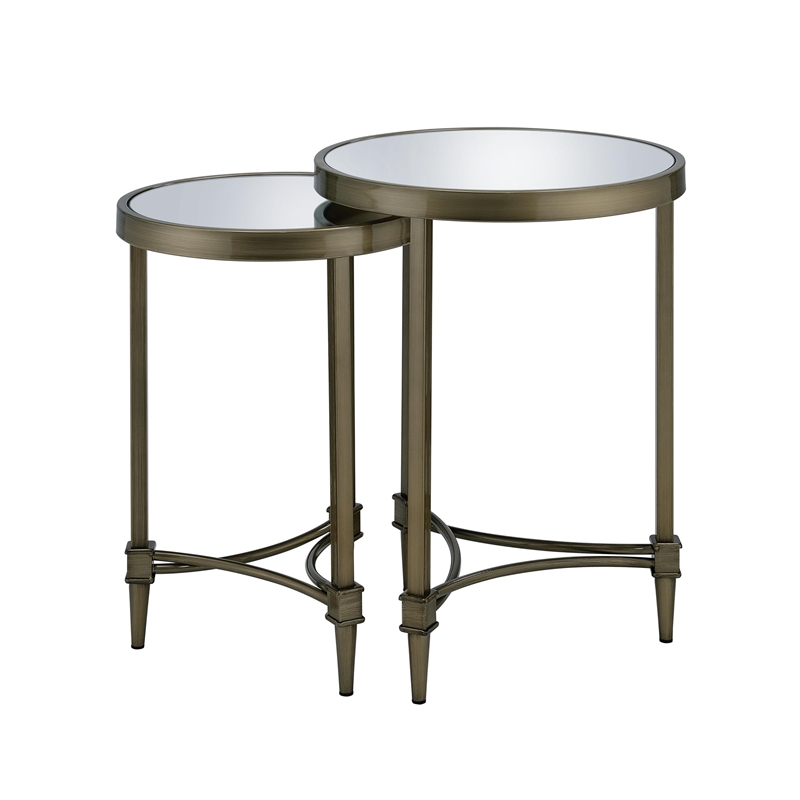 ACME Aditya Metal Nesting Table Set in Mirrored and Antique Brass (Set of 2)