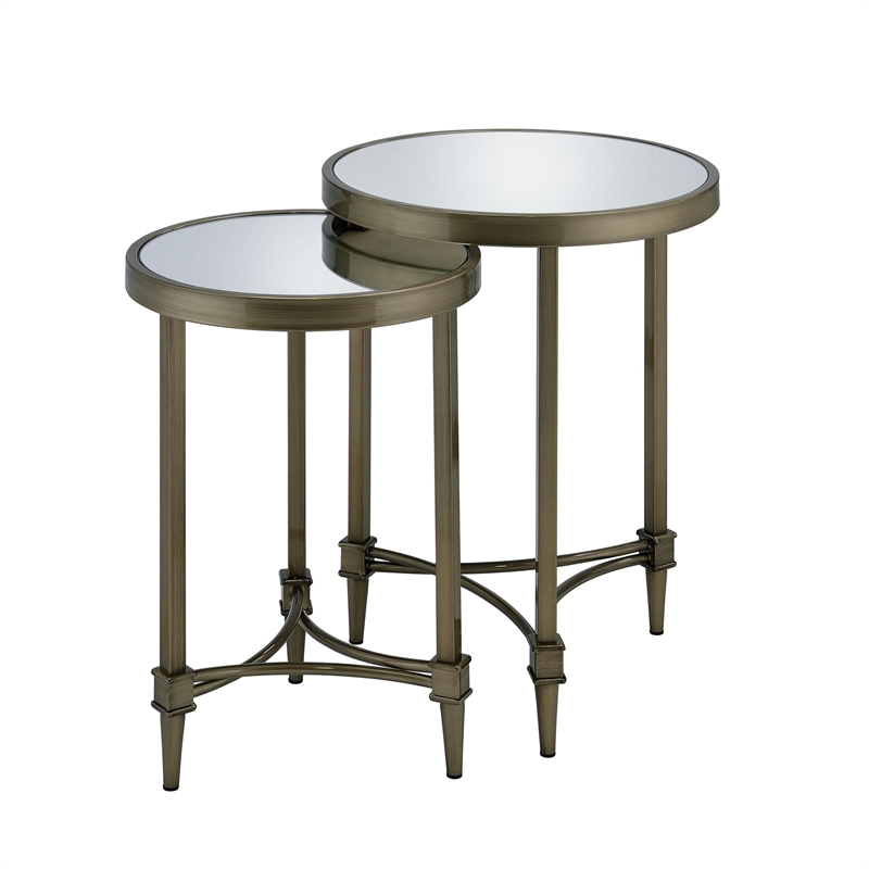 ACME Aditya Metal Nesting Table Set in Mirrored and Antique Brass (Set of 2)